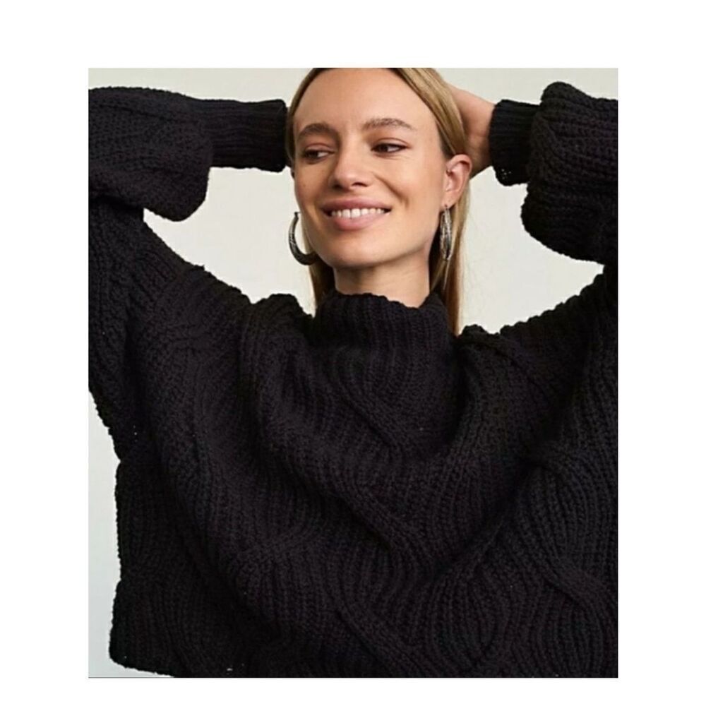 free people S Oversized Boxy Cable Knit Mock Neck Crop Balloon Sl Sweater